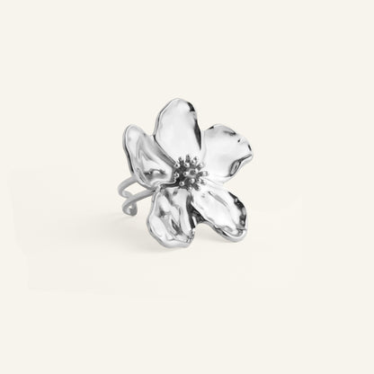 Grosse bague fleur acier inoxydable argenté